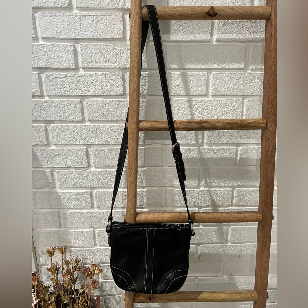 Coach Over Shoulder Crossbody Purse, Black Leather, Silver Hardware, Adj. Strap